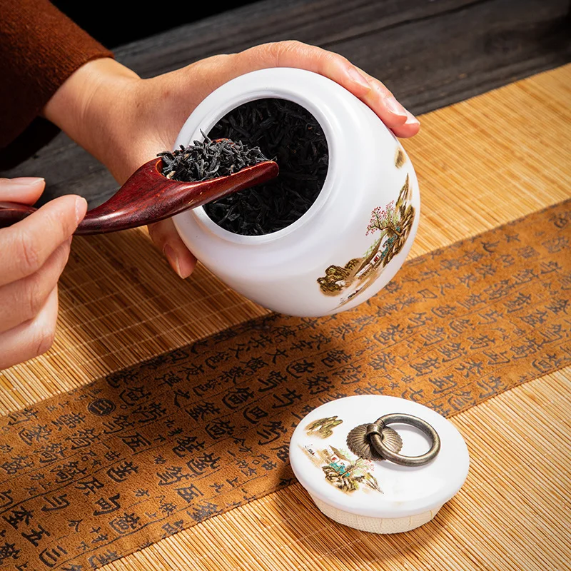 Classical Landscape Flower and Bird Storage Jar Ceramic Tea Caddy with Lid Household White Sealed Nut Storage Jar Food Container
