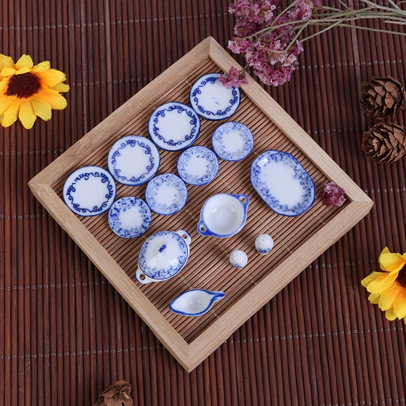 15Pcs/set Cute Blue Mini Dollhouse Ceramic Printing Tableware Bowl Food Dishes Plates Kitchen Toy