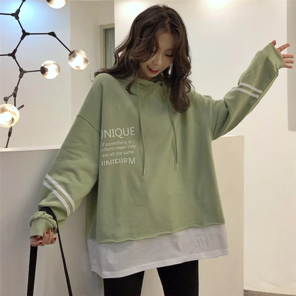 Girl's Oversized Hoodie Autumn Winter Female Long Sleeve Casual Lovely Hooded Sweatshirt False Two-piece Pullover Tops