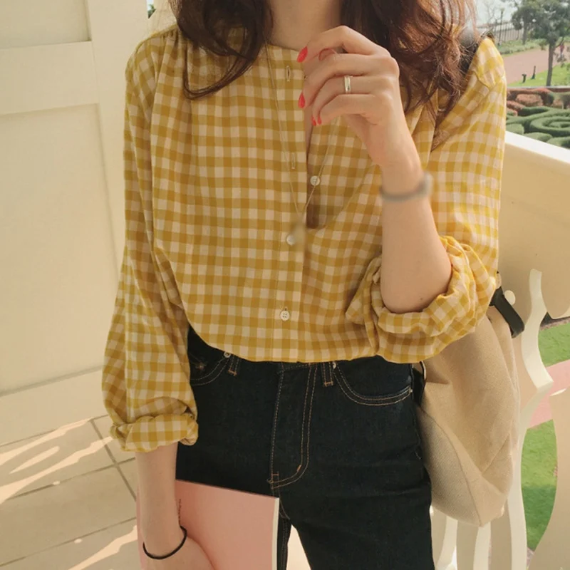 Women Plaid Tops and Blouses Long Sleeve Sweet Shirts Ladies O Neck Loose Casual Korean Style Shirts Blusas femininas