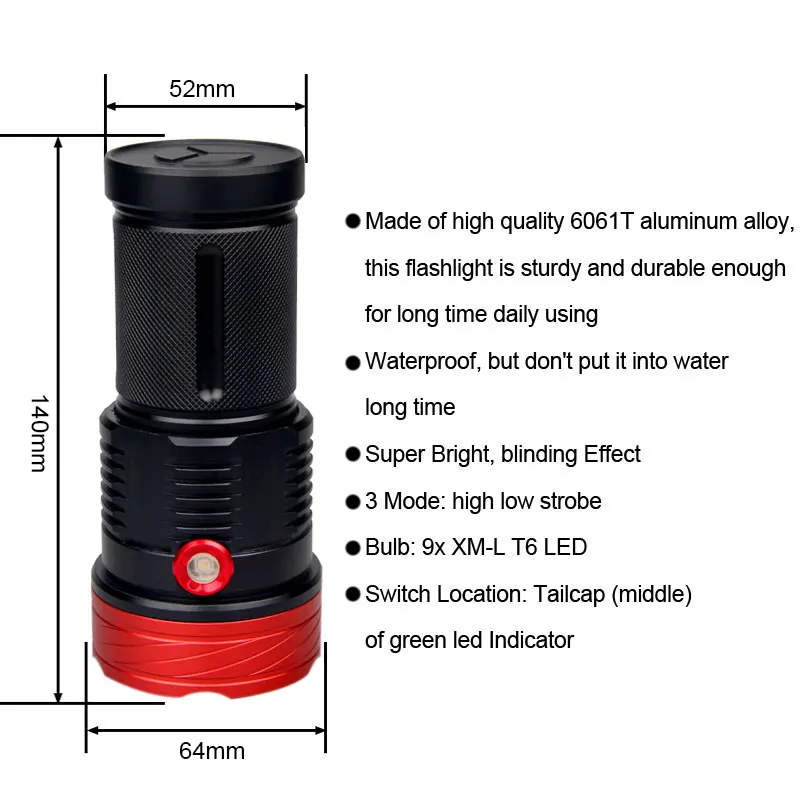 Ultra Bright 6000 Lumens 10* LED Flashlight 3 Lighting modes Waterproof Camping Huting Light Torch+4*18650 Battery+USB Charger