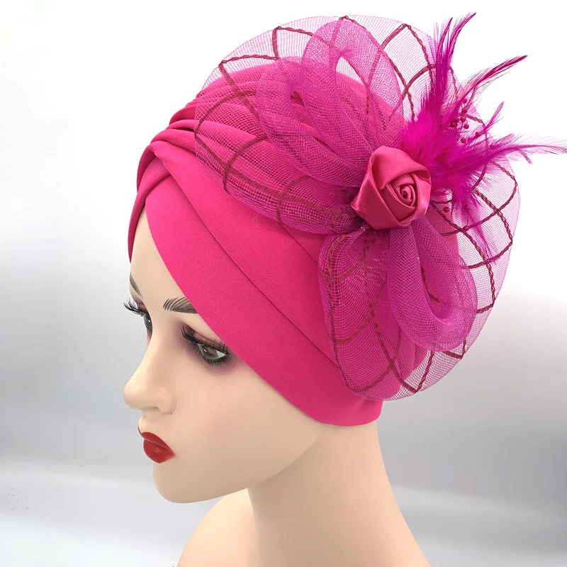 2023 New Feather Flower Turban Hats for Women Female Headwrap Ready to Wear Hijab Caps Muslim Headscarf Bonnet Turbante Mujer