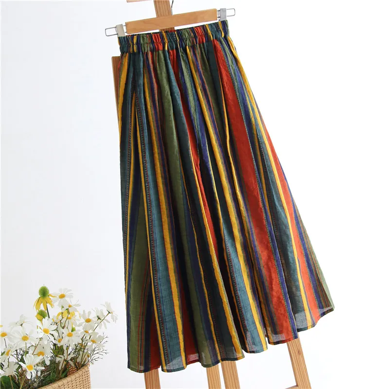 New Japanese Mori Girl Women Midi Skirt High Waist Colorful Striped Jupe Femme Longo Elegant Vintage Cotton Linen Skirts Womens