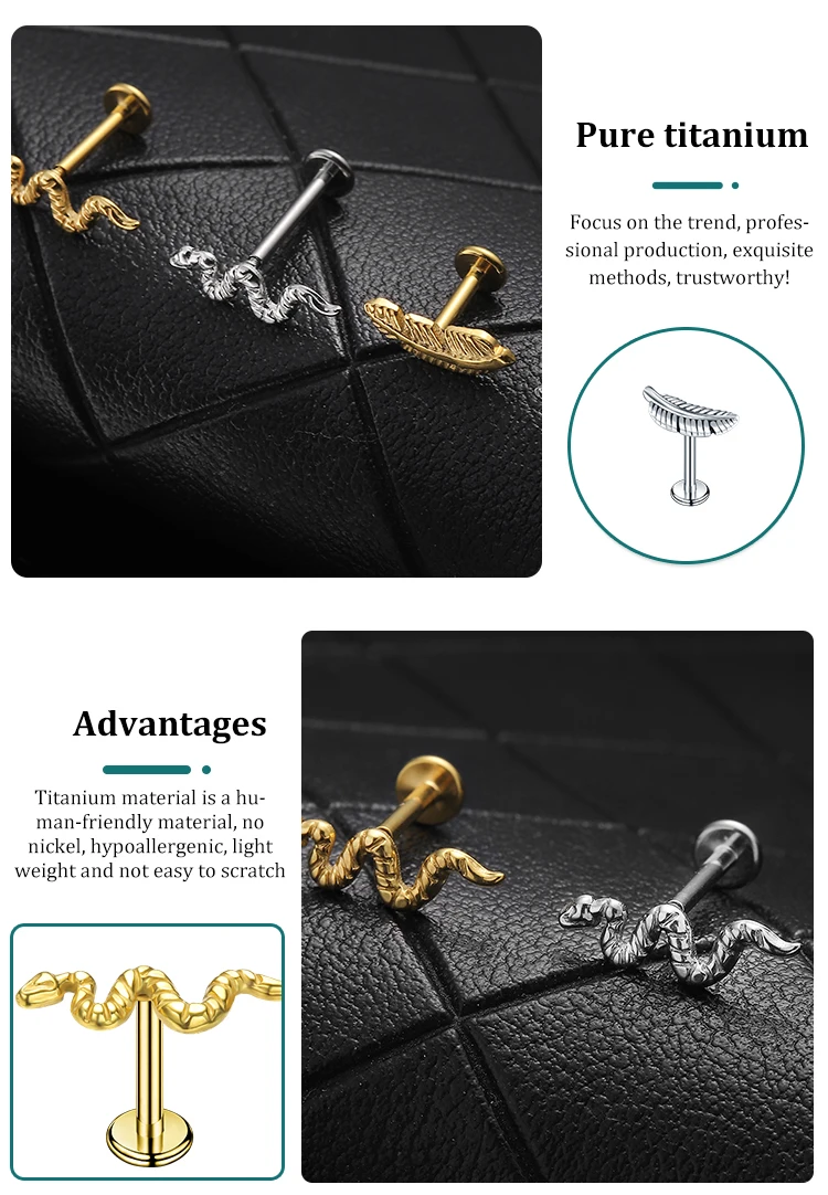 G23 Titanium Antiallergic Snake Leaf Ear Stud Conch Helix Screw Tragus Cartilage Daith Earrings Body Piercing Jewelry 16G