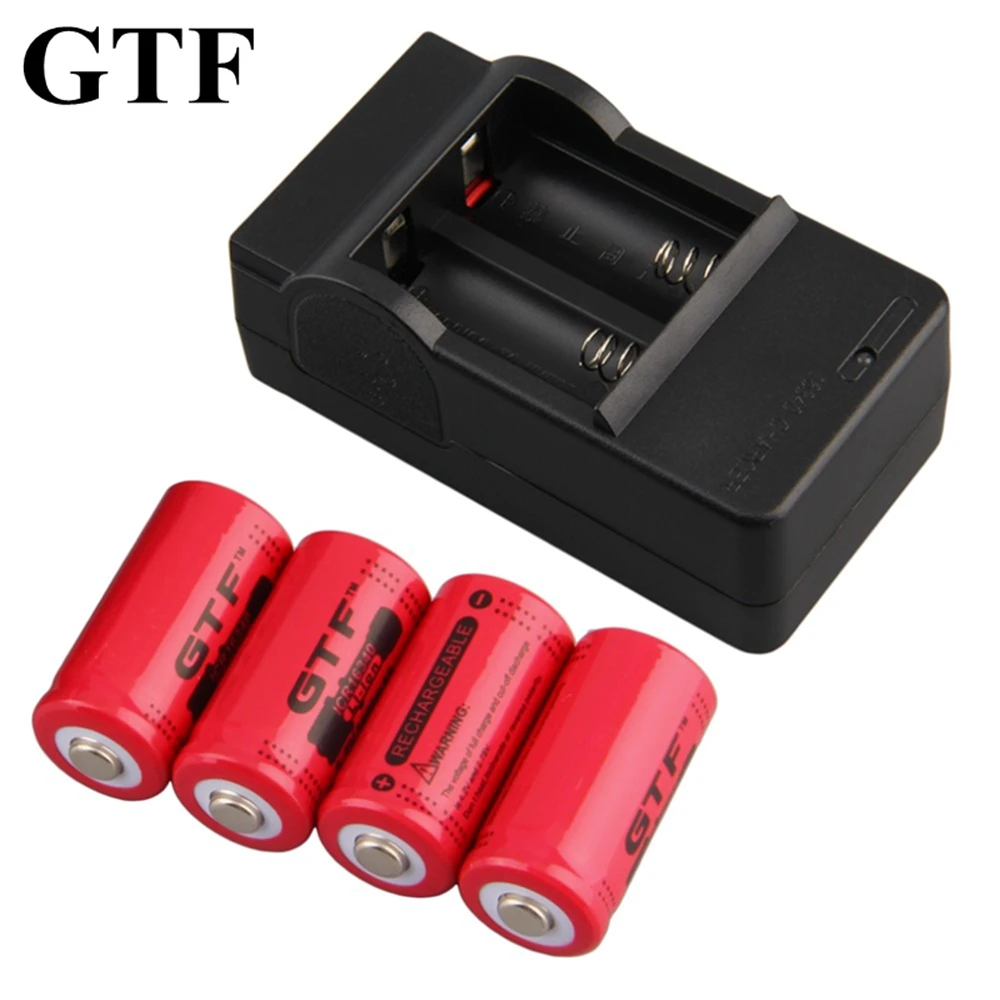 GTF 4pcs 16340 2800mAh 3.7V Lithium Ion Battery + 1pc EU/US plug charger 3 colors red yellow blue for flashlight toys