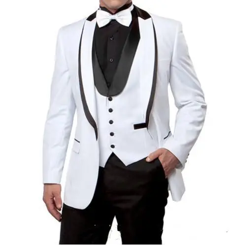 

New Arrivals One Button White Groom Tuxedos Peak Lapel Groomsmen Best Man Mens Wedding Suits (Jacket+Pants+Vest+BowTie)