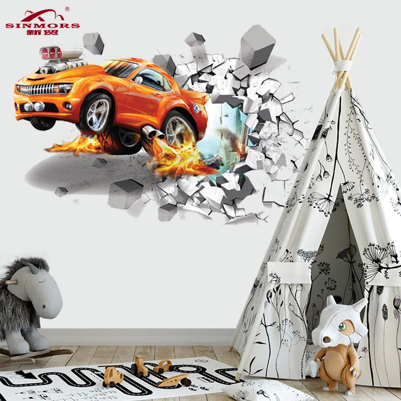 Creative 3D Hummers Super Off-road Vehicle Wall Stickers Broken Wall Poster Wall Art Car Decal Kids Room Decor Boys Favors