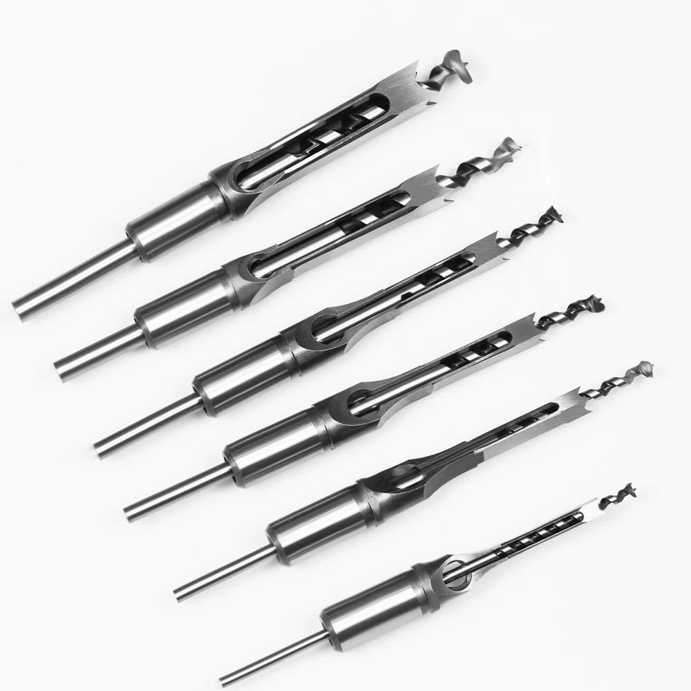 6PCS HSS Twist Drill Bits Square Auger Mortising Chisel Drill Set Square Hole Woodworking Drill Tools Kit Set Extended Saw