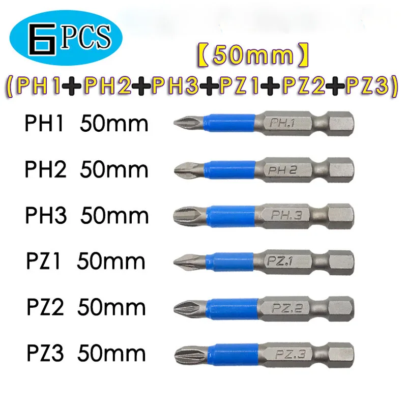 Phillips Bits Hex Shanked Anti Slip Screwdriver Bits Set Strong Magnetic Wind Batch Head Drill Bit Kit PH1,PZ1,PH2,PZ2, PH3,PZ3