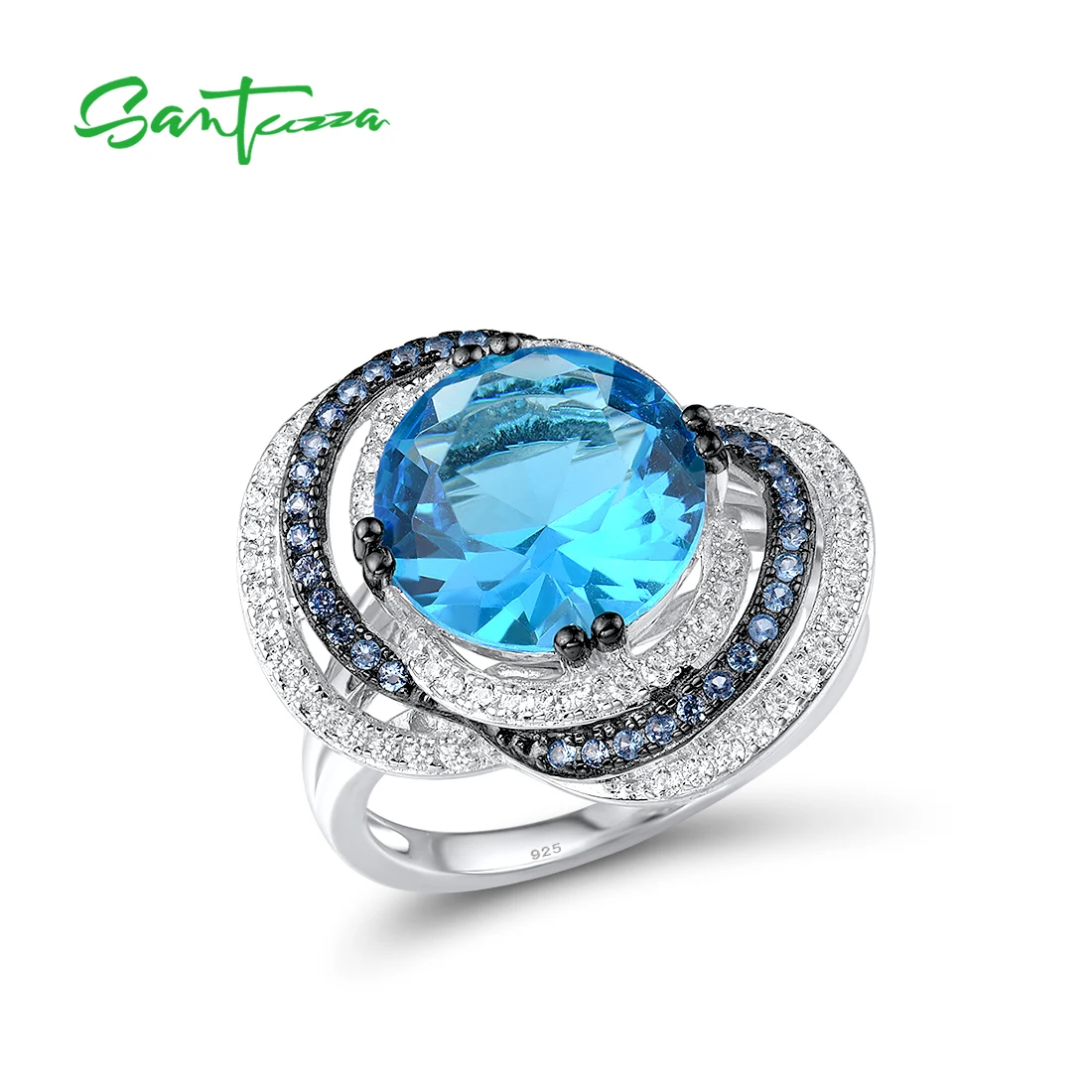 

SANTUZZA Silver Ring For Women Genuine 925 Sterling Silver Sparkling Blue Glass Spinel White CZ Round Ring Party Fine Jewelry