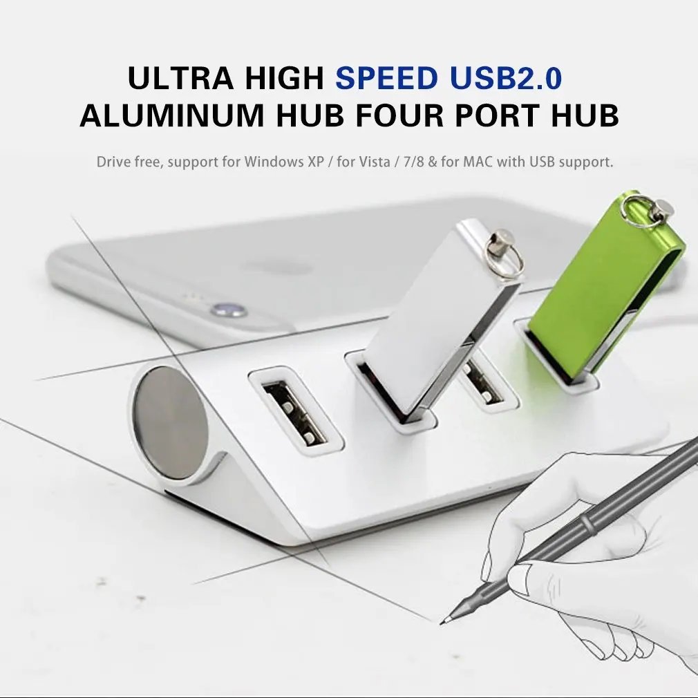 Portable Size Aluminum Alloy Super High Speed 4 Ports USB Hub USB Splitter Adapter With LED Indicator For PC Laptop Computer