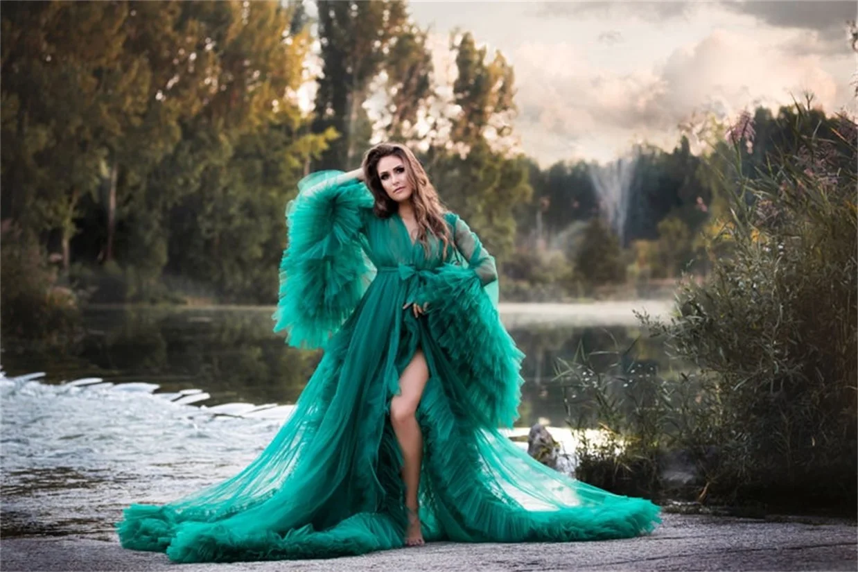 Green Maternity Dress for Photoshoot or Babyshower Maternity Gowns Bathrobes Shooting Robes Customized Long Sleeve Evening Dress