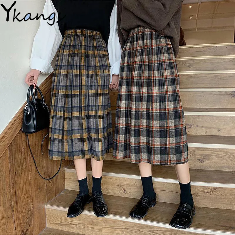 

Women Plaid Skirts winter Warm Wool High Waist Pleated Skirt Harajuku Students Girls kawaii Long Skirts korean 2020 saia midi