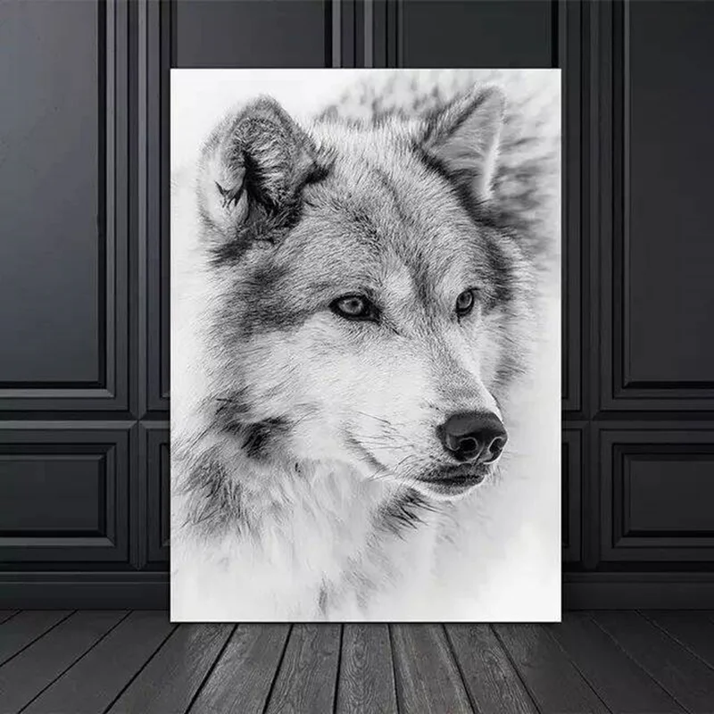 Póster de lobo fresco blanco y negro de estilo minimalista moderno, pintura en lienzo de animales, impresiones de imágenes de pared para decoración para sala de estar