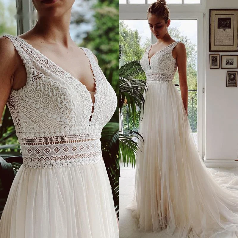 Vestidos de novia de encaje con cuello en V para playa, vestido de novia elegante bohemio de tul de línea A, vestido de novia de boda 2022