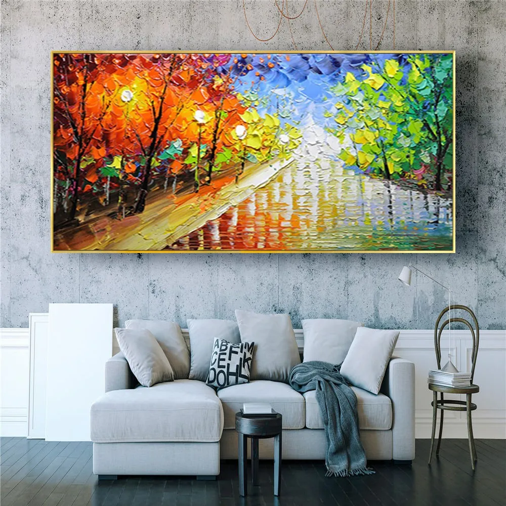 Nordic Wall Art Mural 100% Hand-Painted Abstract Oil Paintings Modern Knife Pattern Country Road Manor Canvas Picture Decor Home