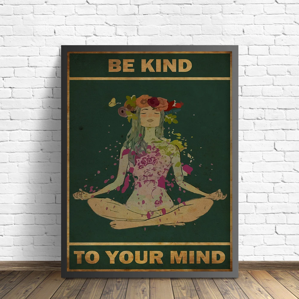 Black Girl Floral Yoga Poster Mental Be Kind To Your Mind Positive Art Prints African Woman Vintage Canvas Painting Home Decor