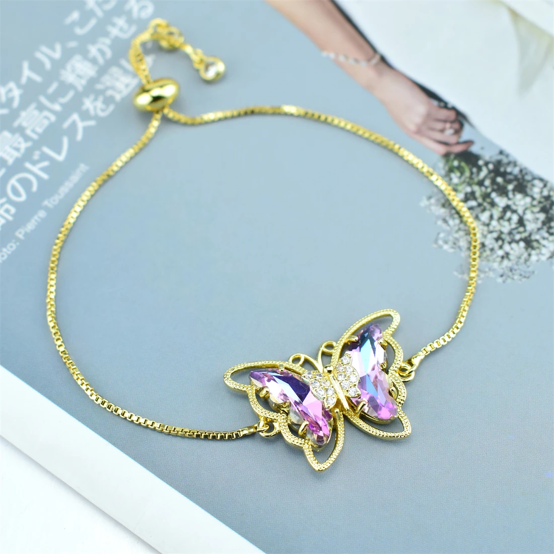 New Girl Rainbow Crystal Butterfly Charm Bracelet Gold CZ Zircon Adjustable Ladies Jewelry Gift Bracelet