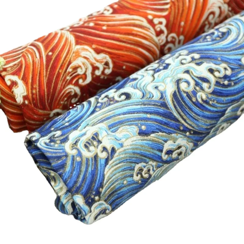 Width 59inch Printing Linen Cloth Japanese-style kimono Cotton fabric Bronzing Waves Pattern Chinese clothing Fabric