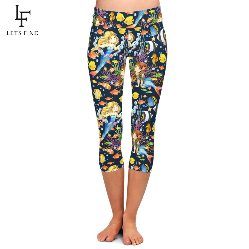 LETSFIND Summer Fashion Women Leggings Animal Undersea World and Mermaid Print Capri Leggings High Waist Elastic Fitness Pants