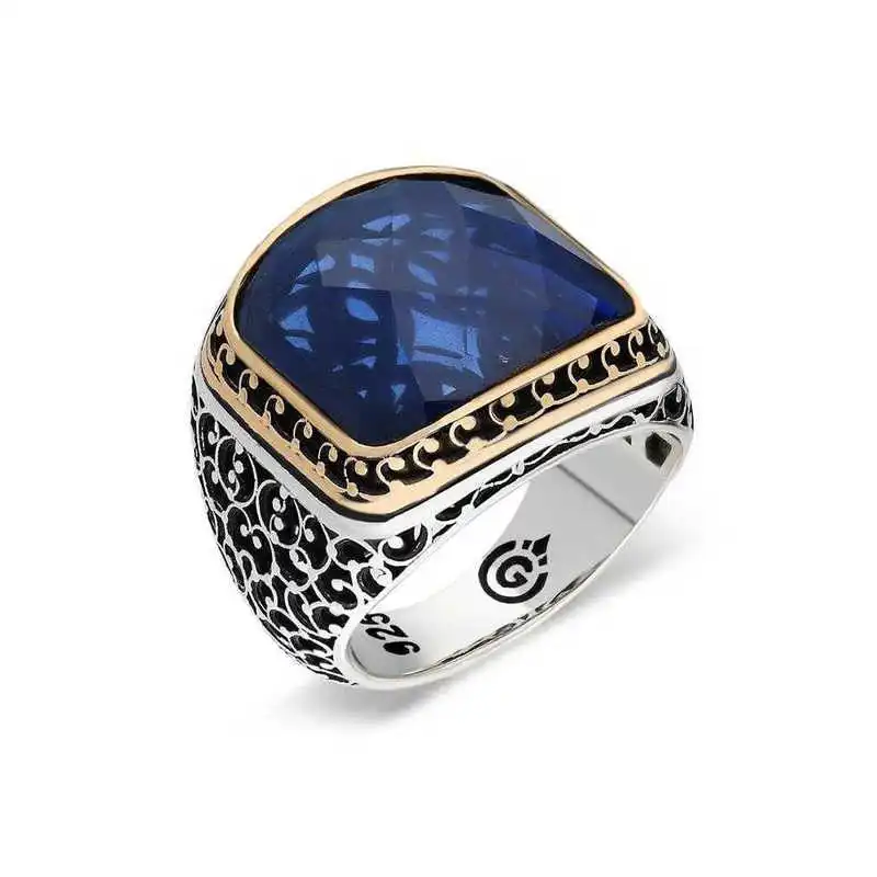 Silver Parliament Blue Zircon Stone Men's Ring - 925 Sterling Men's Jewelry Wedding Birthday Gift - Box - Zircon Stone - Men - Fashion - Botiva - Size - Turkish - Patterned Embroidery