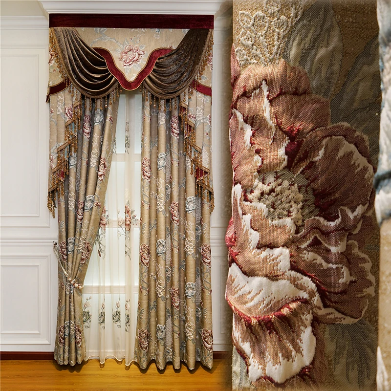 

Jacquard high quality brown elegant blackout embossed curtains for living room windows embroidered with Voile curtains