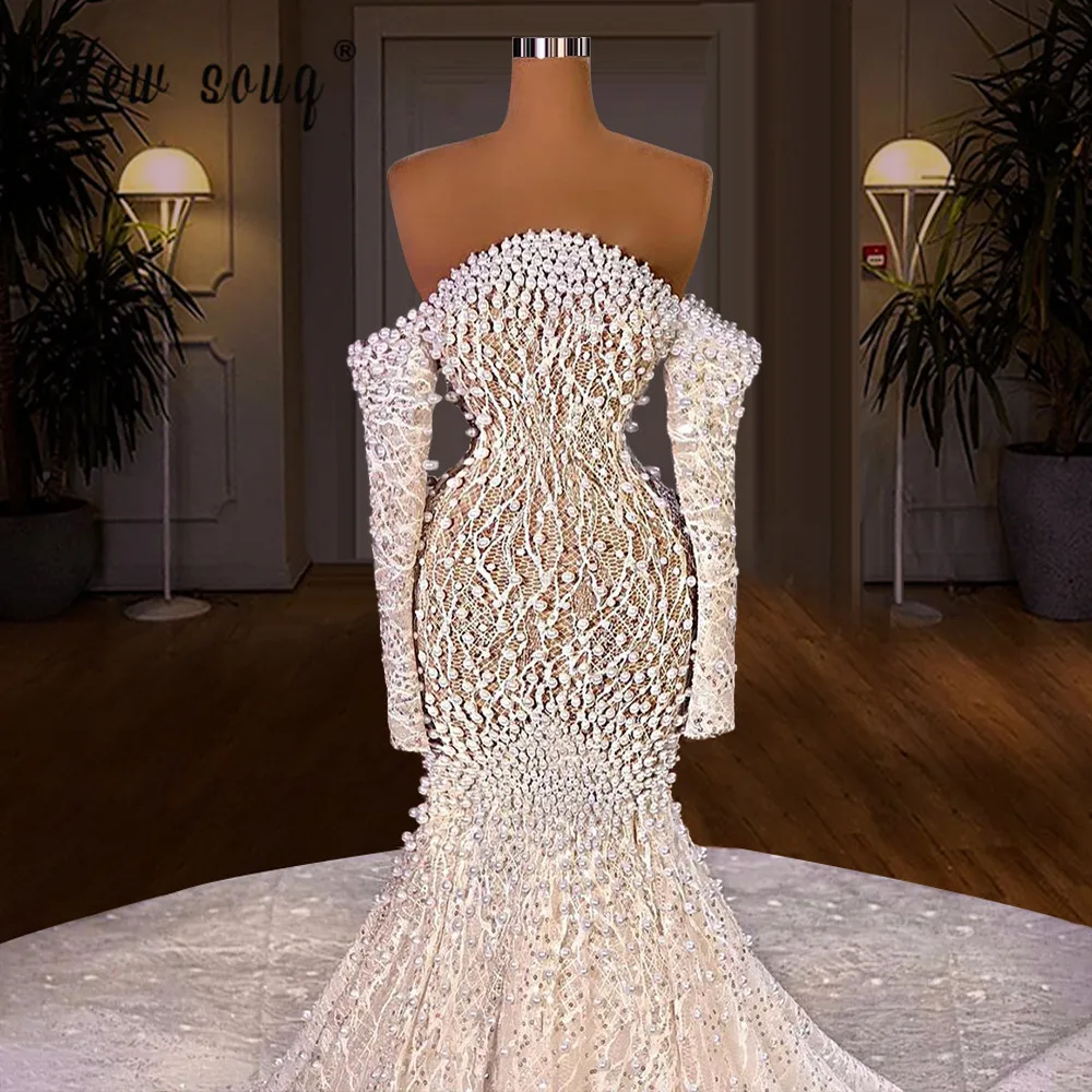 

luxury Mermaid Wedding Dress Off Shoulder Long Sleeve Pearls Women Beaded Bridal Weddin Gowns Satin Vestido De Novia