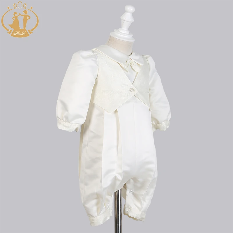 Newborn Baby Boy Baptism Outfits Clothes Cotton Broadcloth Single Breasted Solid Full Sleeve Set Bow Lace Christening Gown