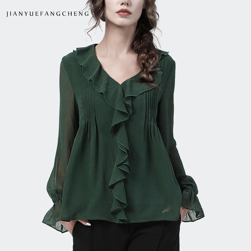 Loose Plus Size Women\' Spring Summer Long Sleeve V-neck Chiffon Blouse Solid Color Casual Vintage Ruffle Tops Elegant Flowing