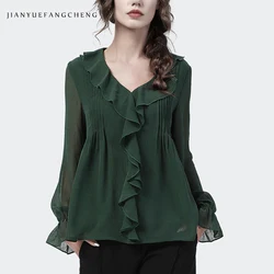 Loose Plus Size Women' Spring Summer Long Sleeve V-neck Chiffon Blouse Solid Color Casual Vintage Ruffle Tops Elegant Flowing