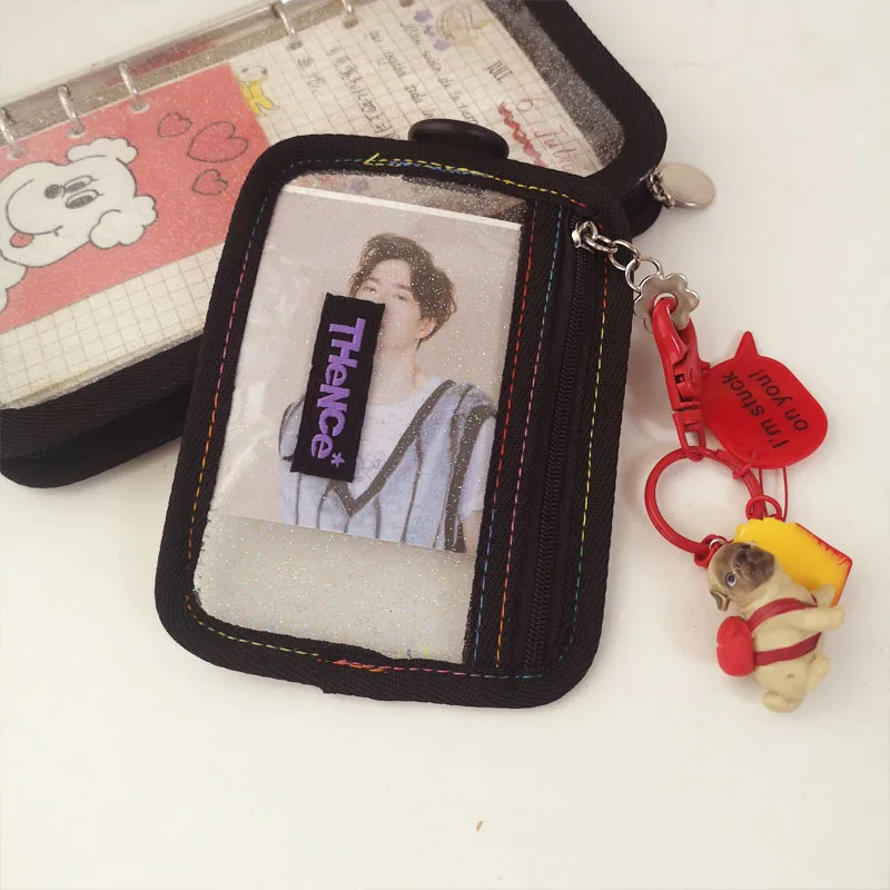 Korean Ins Laser Transparency Pencil Bag PVC Black Border Flash Powder Loose-leaf Binder Girl Personalized Bank Card Bag Wallet