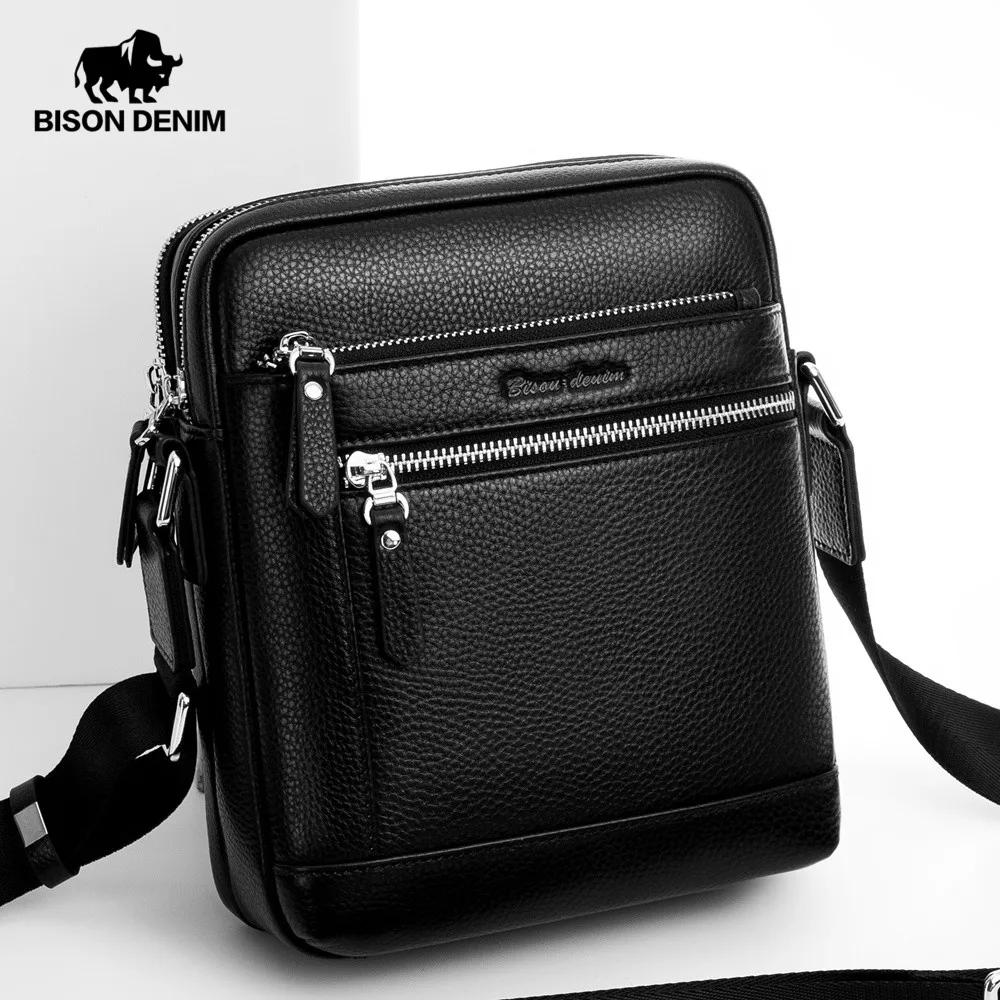 Bison denim bolsa masculina de couro genuíno, bolsa pequena de ombro para homens de negócios