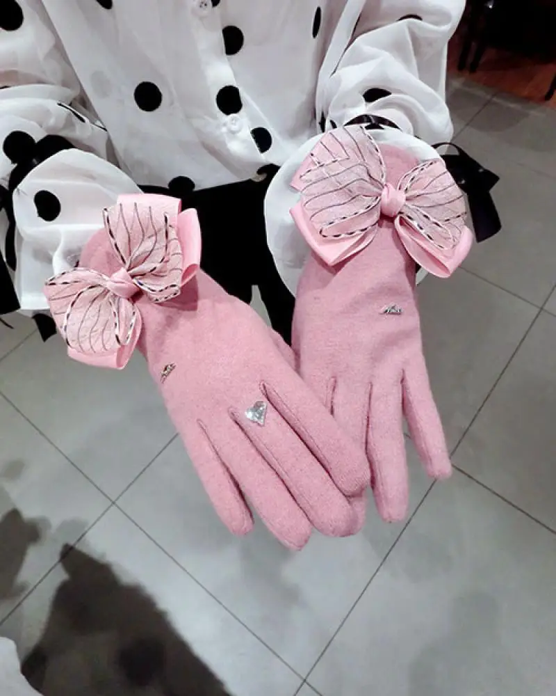 Guantes de Cachemira con lazo para invierno, guantes de terciopelo con cinco dedos, cálidos y con pantalla táctil, versión coreana