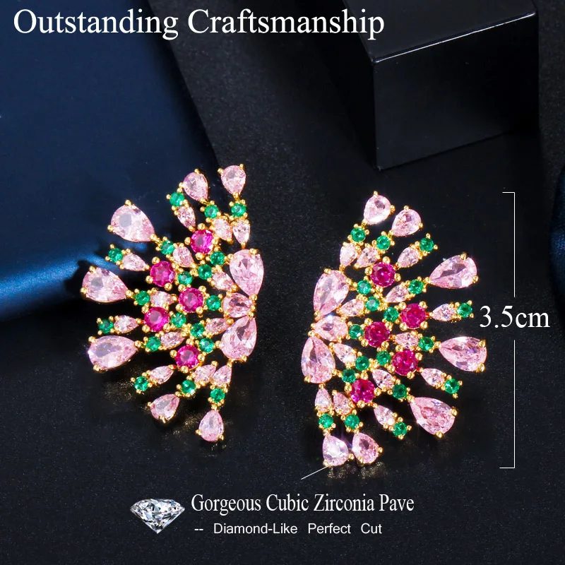 CWWZircons Symmetrical Punk Flower Green Pink Cubic Zirconia Large Stud Earrings for Women Luxury Jewelry Accessories CZ705