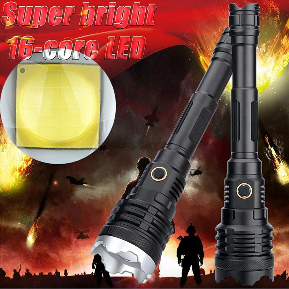 

High Lumen 16 Core XHP110 LED Tactical Flashlight Zoom Outdoor Hunting Camping Light Mobilephone Powerbank work light