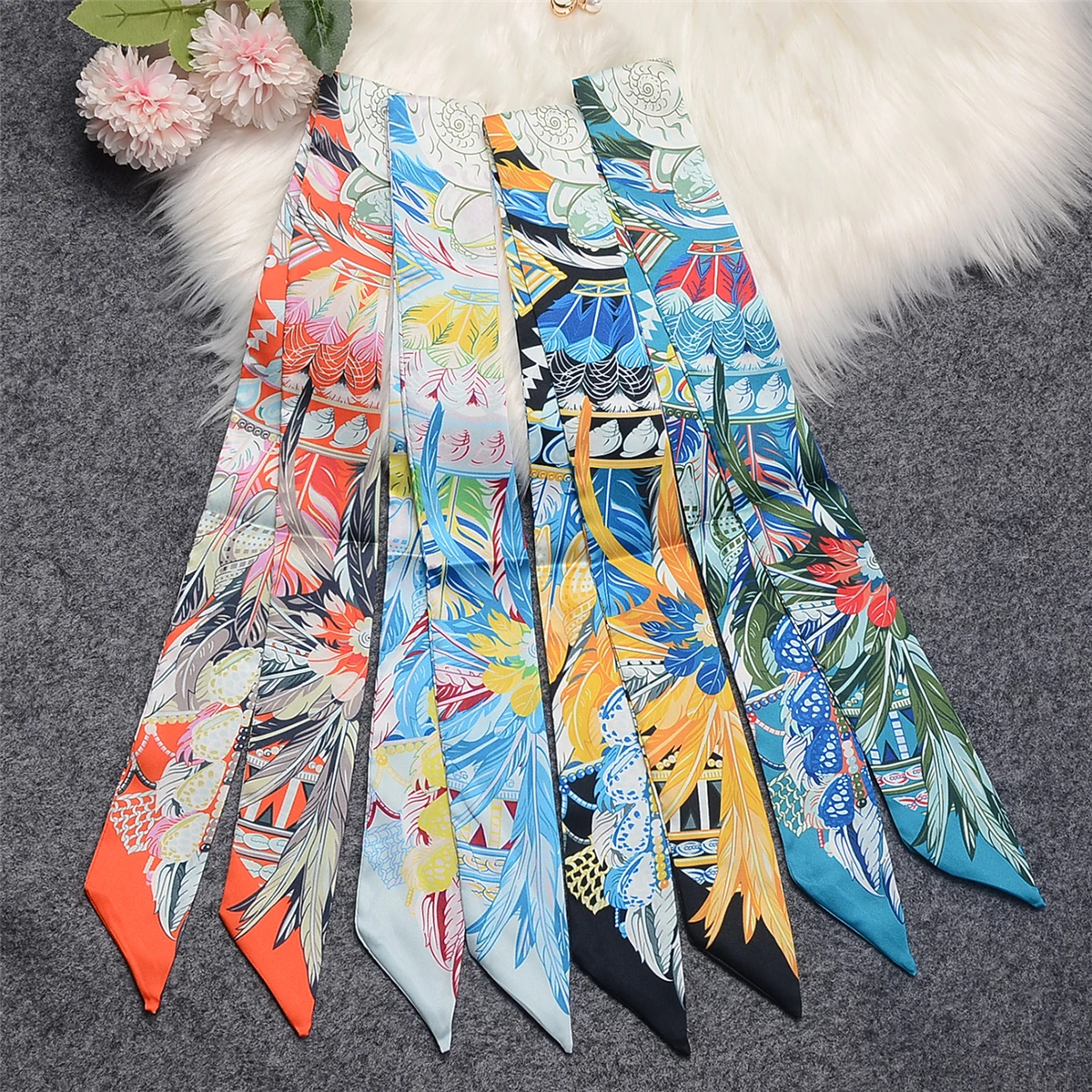 

2023 Brand Design Feather Fashion Scarf Women Skinny Bag Scarves Hair Band Neck Silk Scarf Ladies Foulard Neckerchief Headband