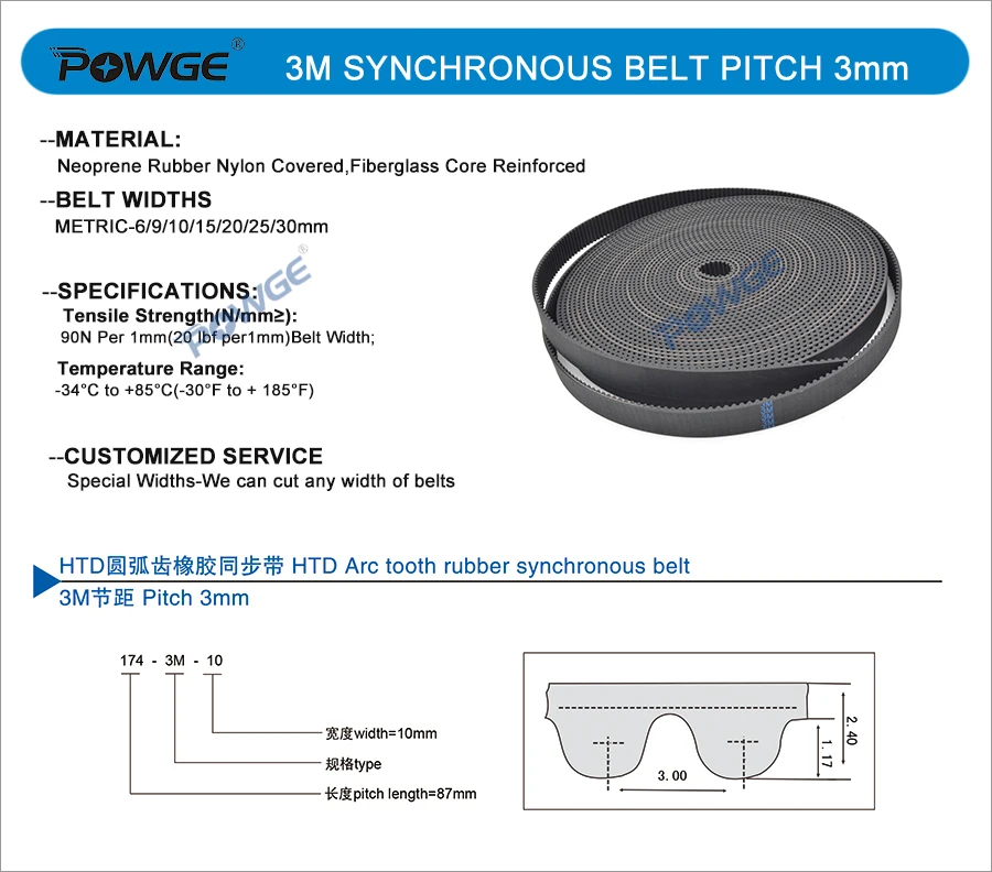 POWGE High torque HTD 3M open Synchronous timing belt width 6/9/10/15/20mm length 5M/10M/50M Neoprene Rubber HTD3M Pulley CNC