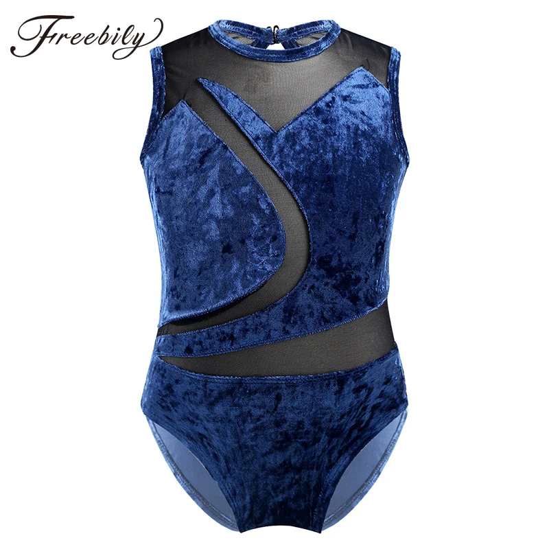 Girls Sleeveless Soft Pleuche Mesh Splice Gymnastics Leotard One-Piece Cutout Back Gymnastics Jumpsuit Child Kids Dance Wear