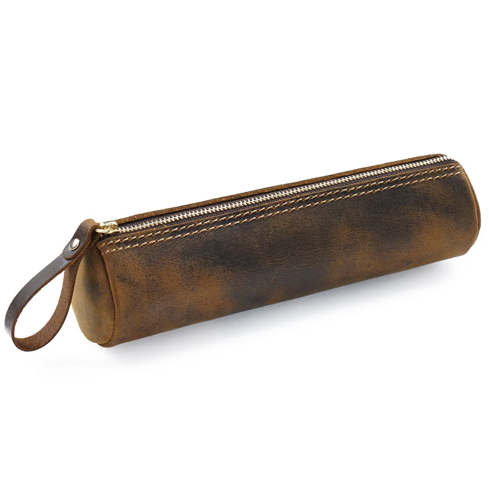 Genuine Leather School Pencil Case Vintage Pen Box for Girls Boys Pencilcase Black Round Zip Penal Cartridge Bag Stationery Kit