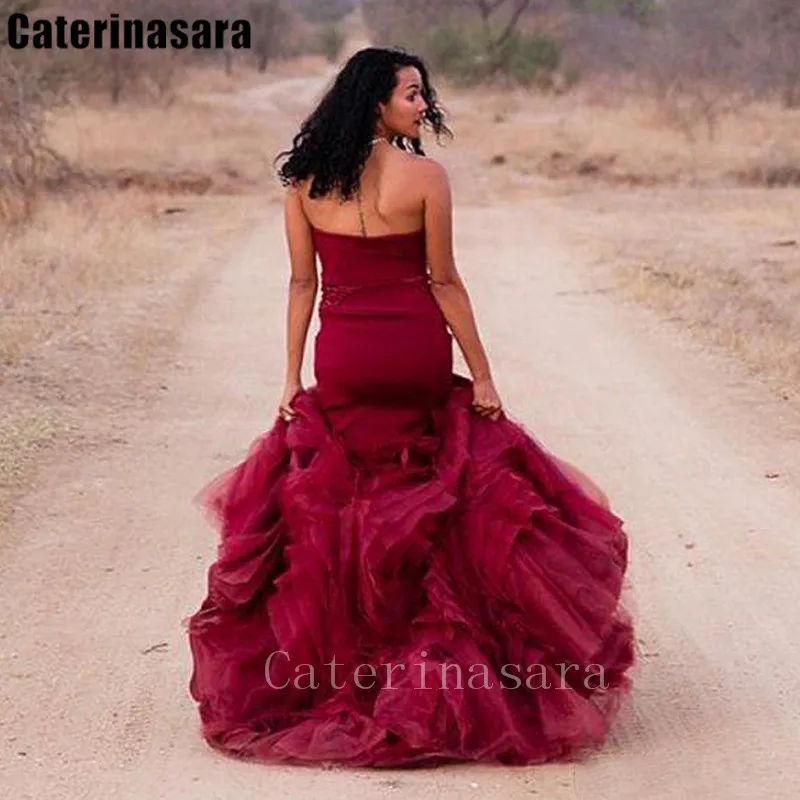 Abito da sposa a sirena in Organza con volant bordeaux cerniera laterale elegante abito da festa di nozze su misura