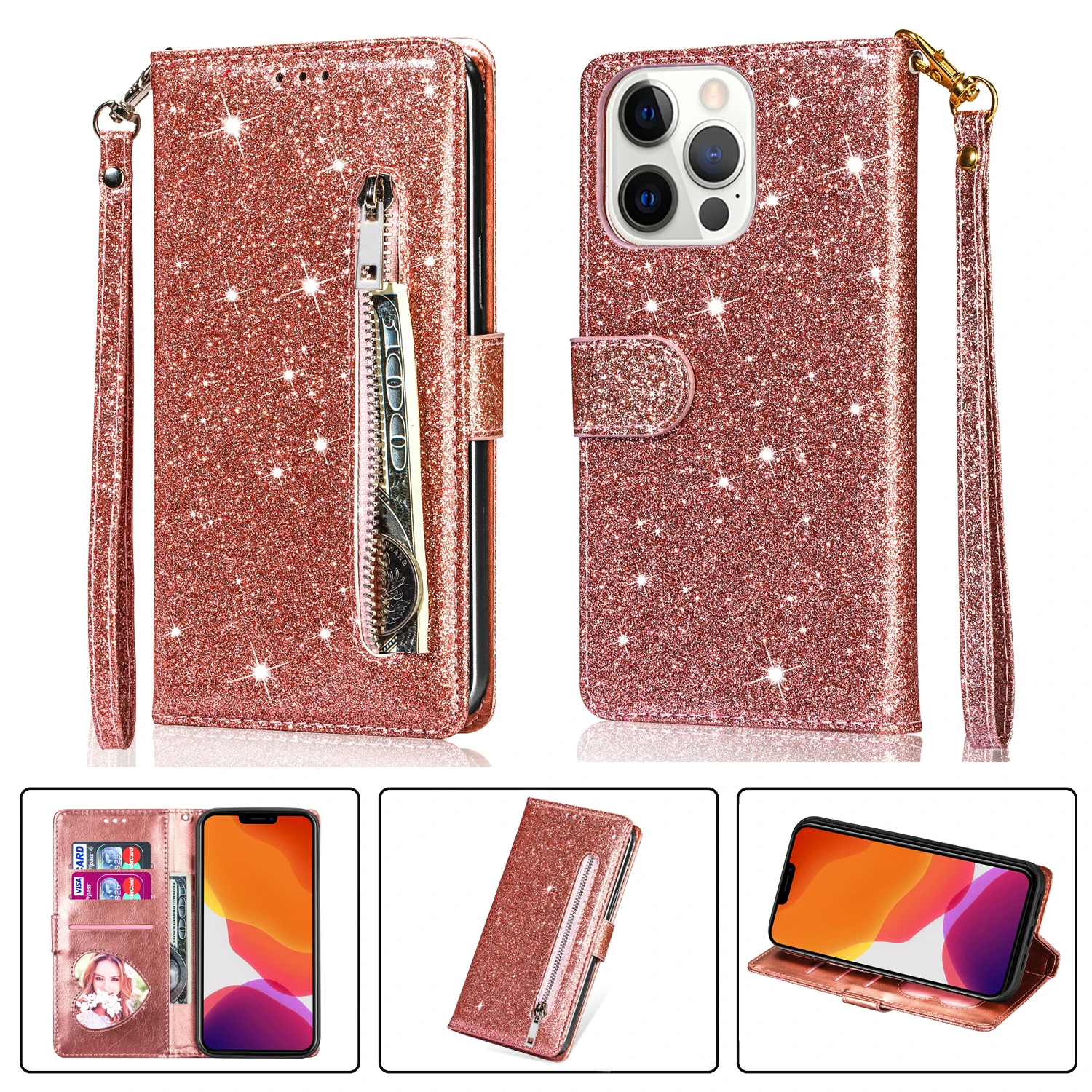 Reißverschluss-Flip-Brieftaschen-Hülle aus Glitzerleder für iPhone 18 17 16 15 14 13 12 11 Pro Max XS XR 8 7 Plus SE 16E Mini Bling Handyhülle – Detail 5