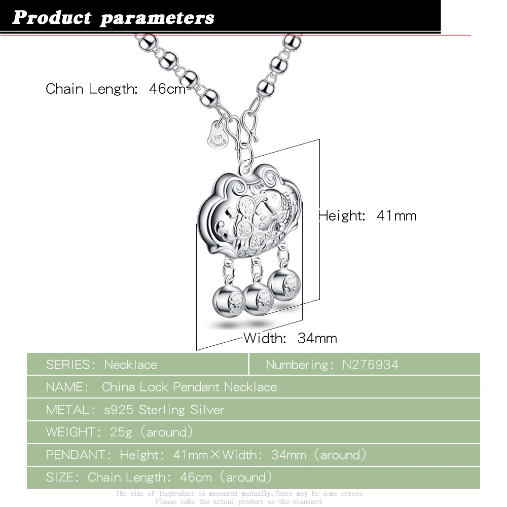 Retro Heart Lock Fish Pendant Choker Long Bead Chain 925 Silver Necklace Exquisite Fashion Jewelry Trendy Party Anniversary Gift