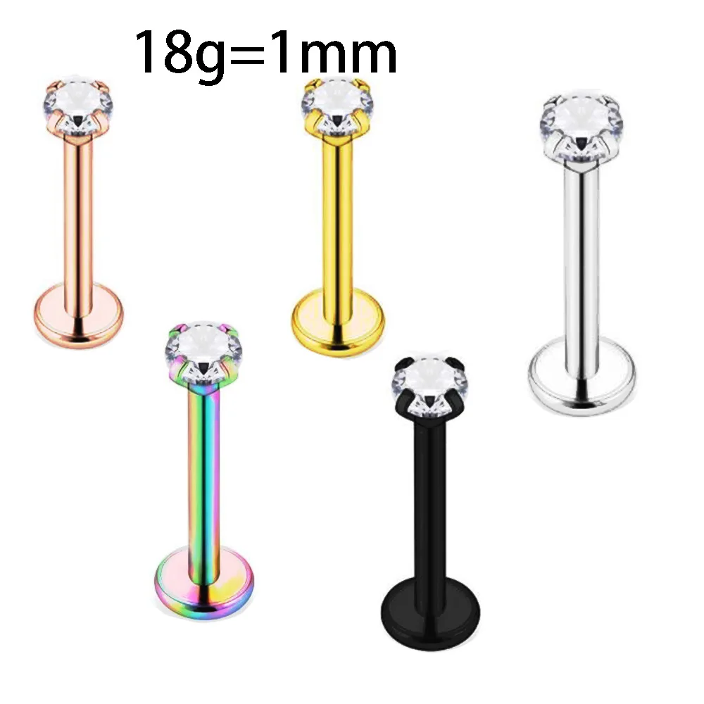 

18g Silver Labret Lip Ring Zircon Anodized Internally Threaded Prong Gem 16G Tragus Helix Ear Piercing Earring women Wholeasales