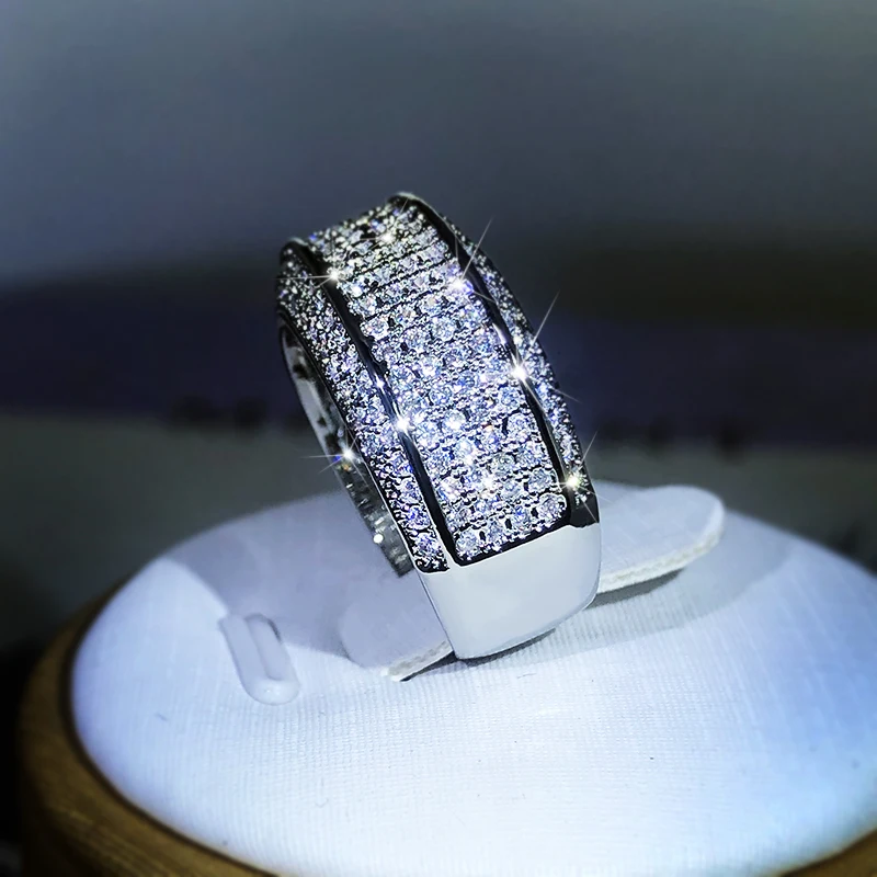 Luksusowy wykwintny biały cyrkon pełny diamentowy pierścionek dla pań para 925 Sterling Silver Fashion Ring Party biżuteria na urodziny prezent