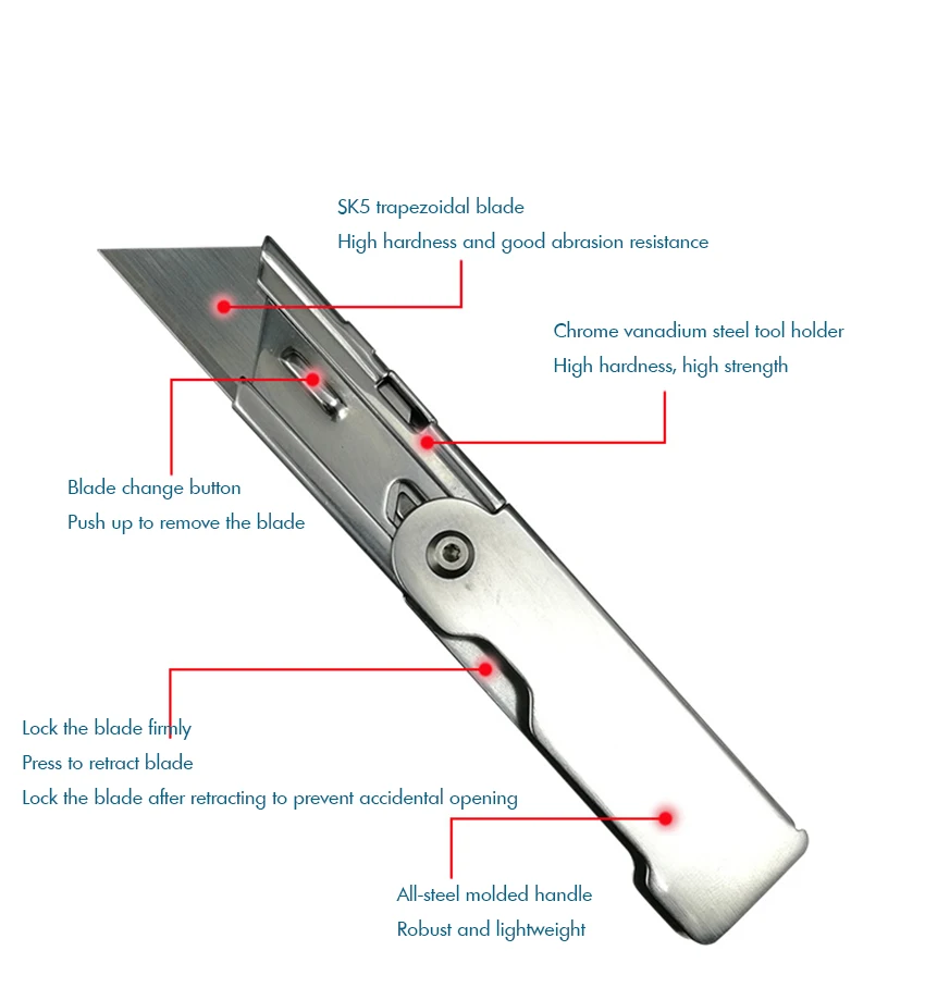 Cortador de caja de cuchillos utilitarios plegable de acero inoxidable con Clip de bolsillo, hoja de cambio rápido, cuchillo cortador resistente