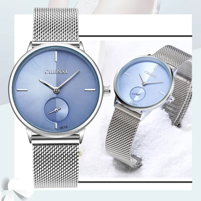 CHENXI Fashion Blue Watch Women Stainless Steel Mesh Band Quartz Wristwatches Ladies Small Seconds Watches Female Clock Gift