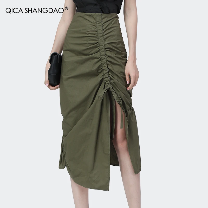 

Fashion Army Green Mid-Length Ladies Cotton Skirt 2021 Summer High Waist Drawstring Design Elegant Shirring Women Mermaid Skirts