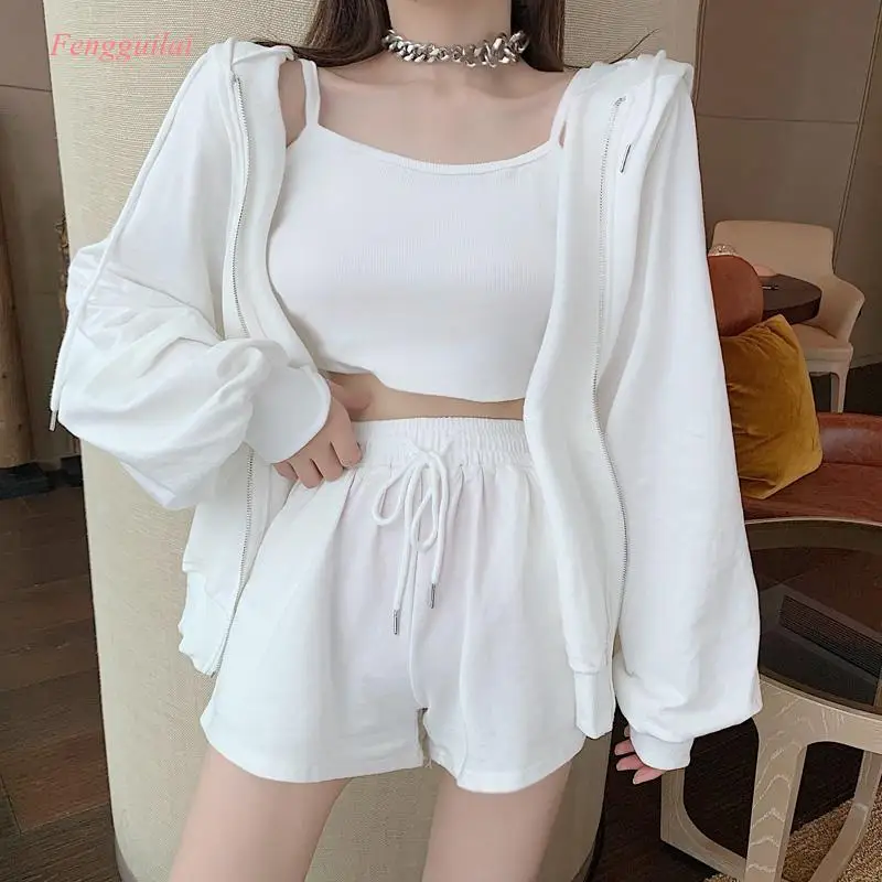 Fashion Tracksuit Women Set Sport Clothing High Waist Shorts and Short Tops  and Hoodies 3 Pcs Suit Crop Tops Hooded 2021