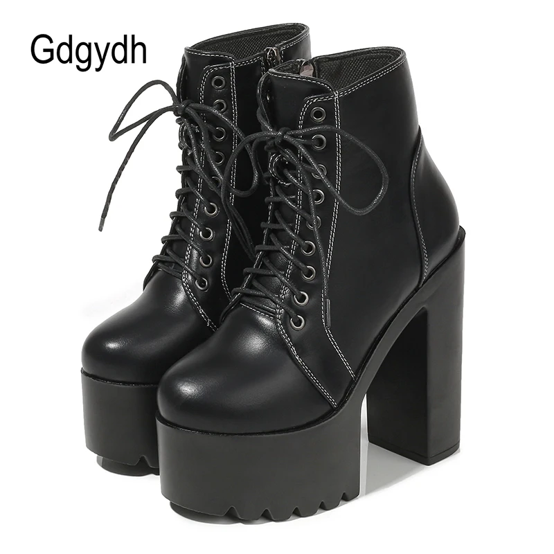 Gdgydh Block Heel Motorcycle Boots Woman High Heels Lace Up Platform Women\'s Ankle Boots  with Zipper White Wedding Shoes