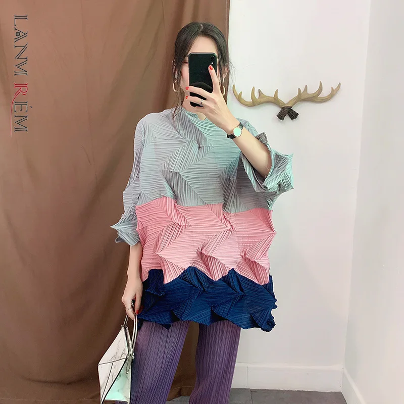 LANMREM Green Contrast Stand Collar Cropped Sleeve Pleated Woman Long T-Shirt Casual Simple Fashion 2024 Spring New TV723